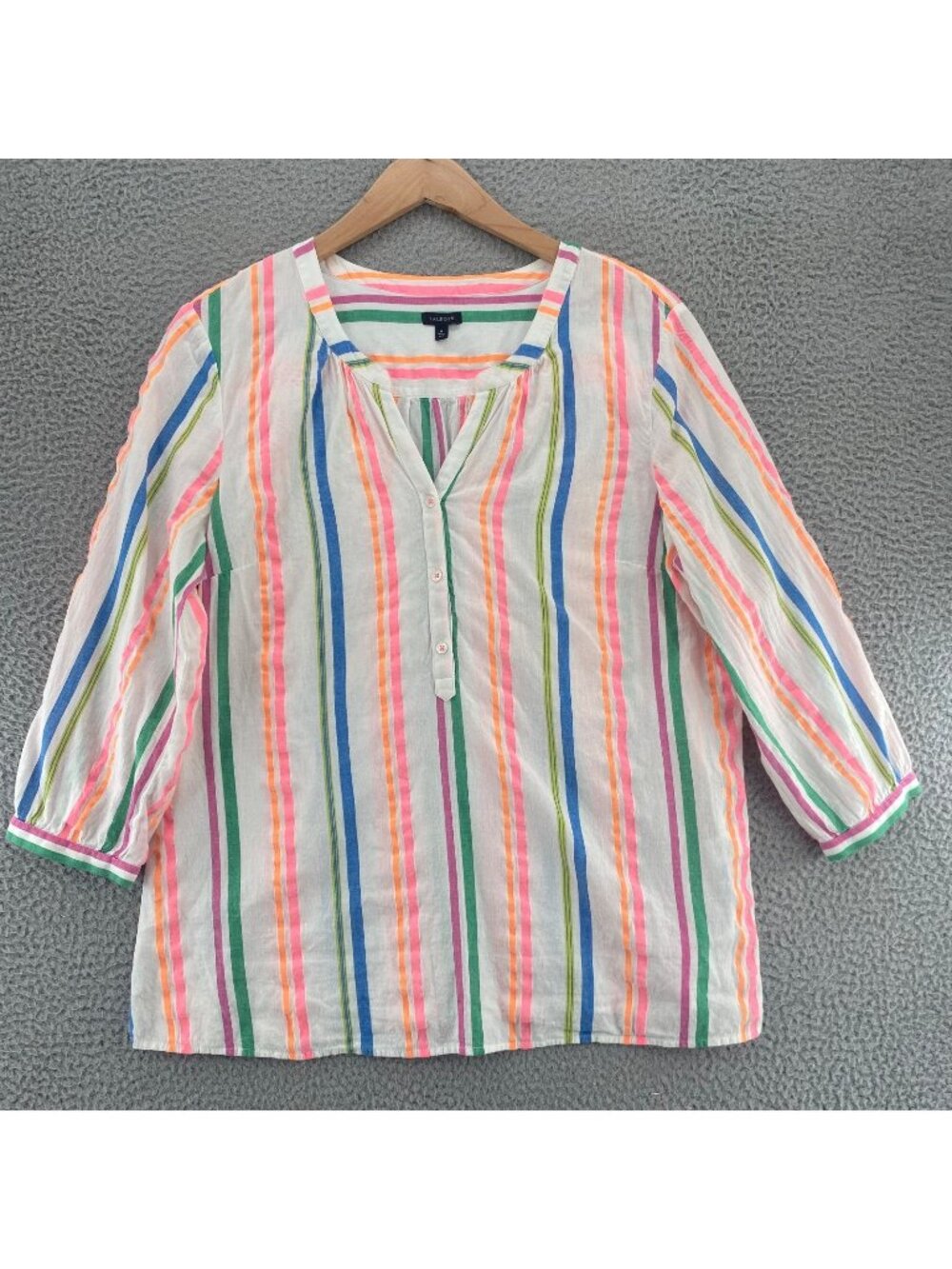 Talbots Top Womens Extra Large White Multi Striped 1/2 Button 3/4 Sleeve V Neck